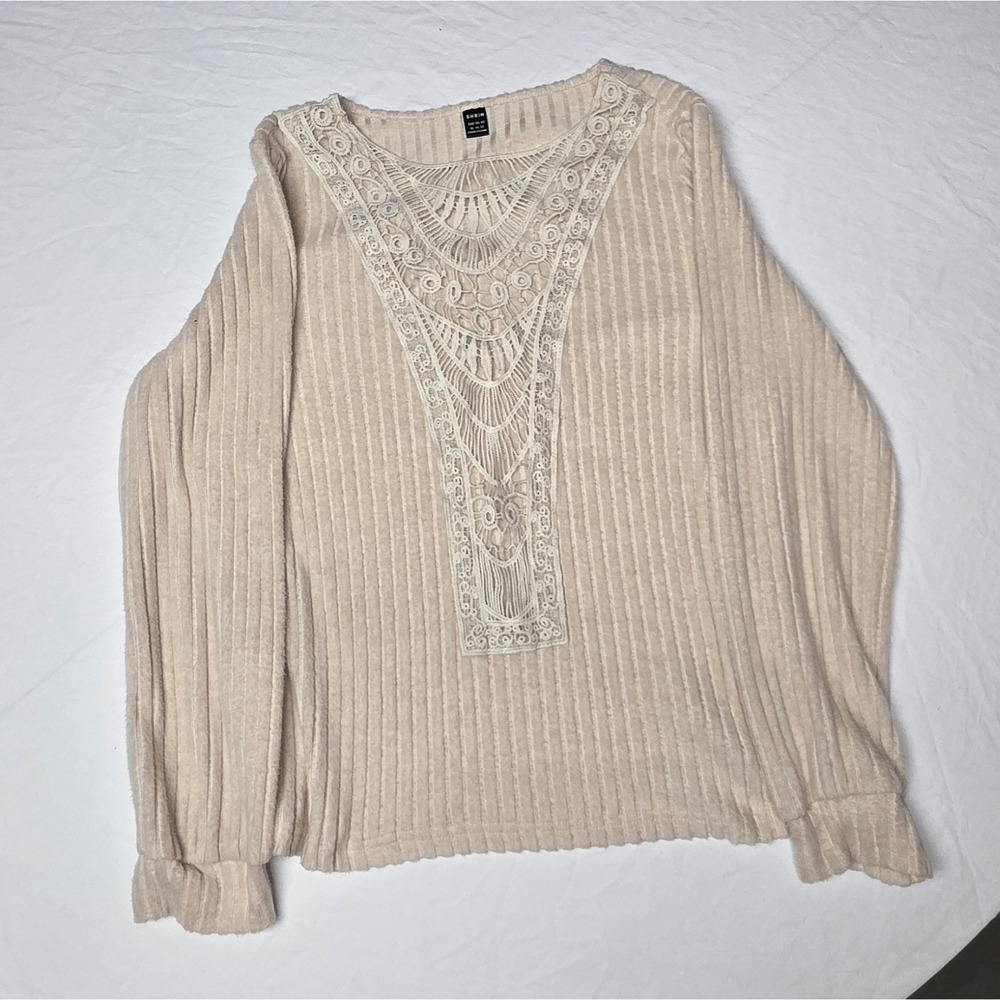 Shein Beige Ribbed Knit Longsleeve With Woven Crochet Lace Size XL